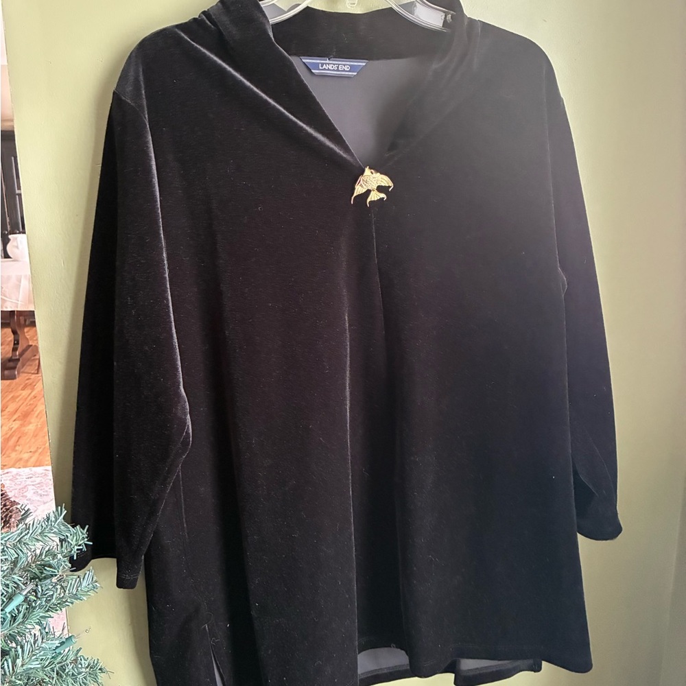 Lands' End Black Velvet Top with Gold Bird Pin